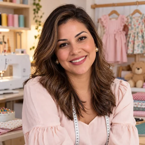 Mariana Oliveira no ateliê, com fita métrica no pescoço e vestidinhos infantis ao fundo