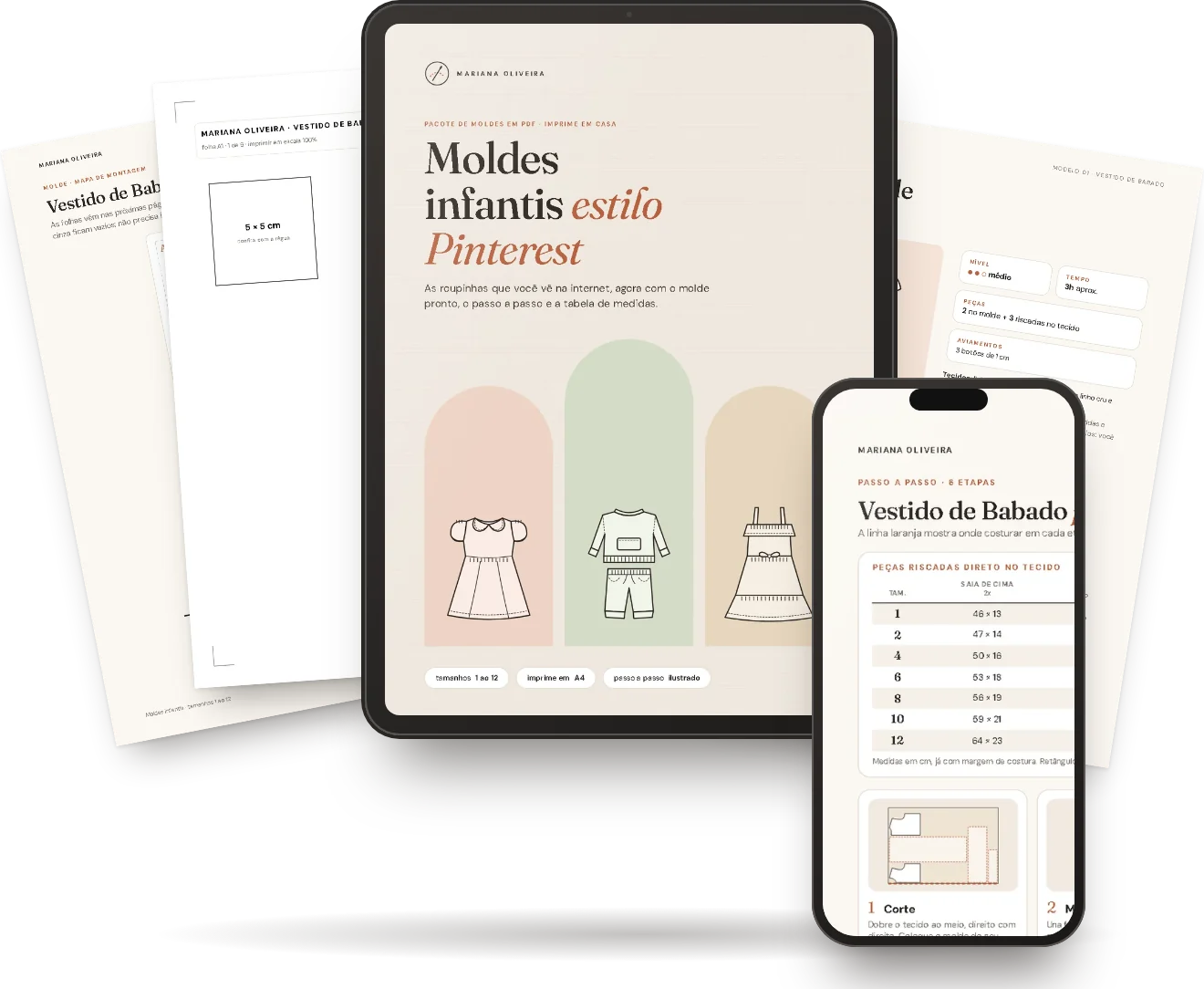 O que você recebe: PDF dos moldes infantis no tablet, passo a passo no celular e folhas do molde impressas em A4