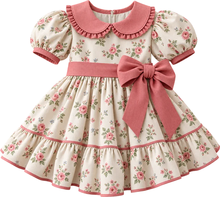 Vestido infantil floral com babado e laço