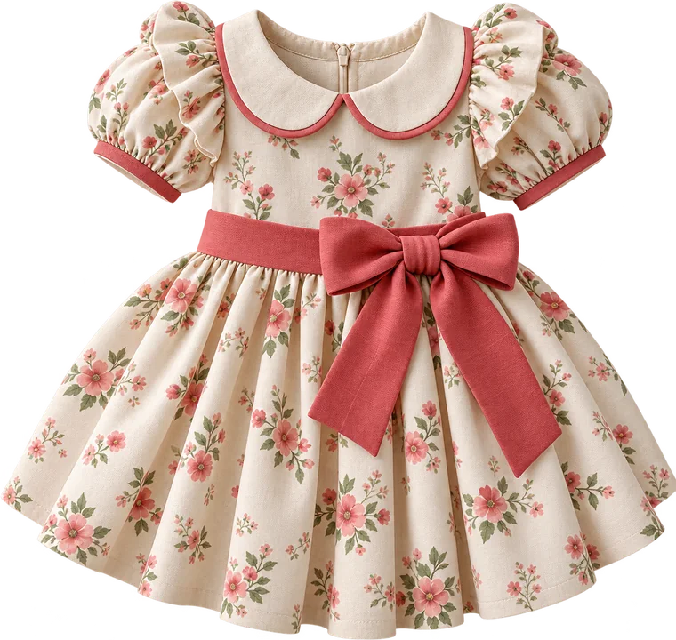 Vestido infantil floral com gola e laço